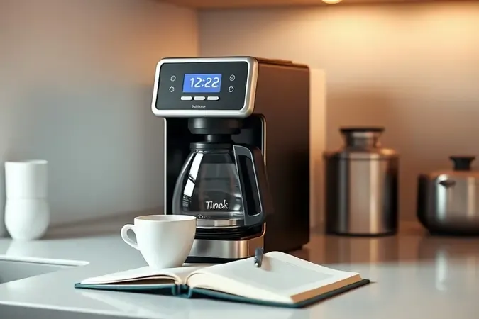 Cena conceitual de cafeteira com timer programável sobre bancada moderna com jarra, xícara e caderno