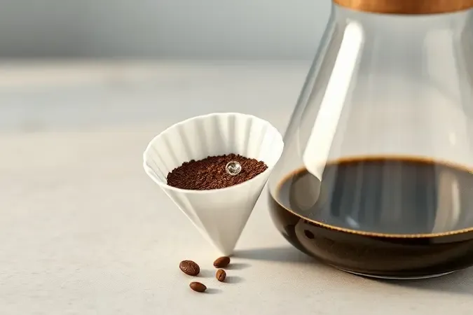 Render 3D de filtro de café com pó moído e jarra de vidro em cena conceitual moderna e limpa