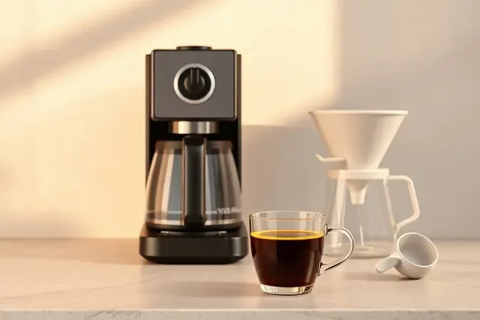 Cafeteira elétrica e coador manual lado a lado em cena conceitual sobre escolha do melhor método de preparo