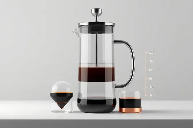 Prensa francesa de vidro com camadas de café visíveis e formas geométricas de medida em render 3D conceitual