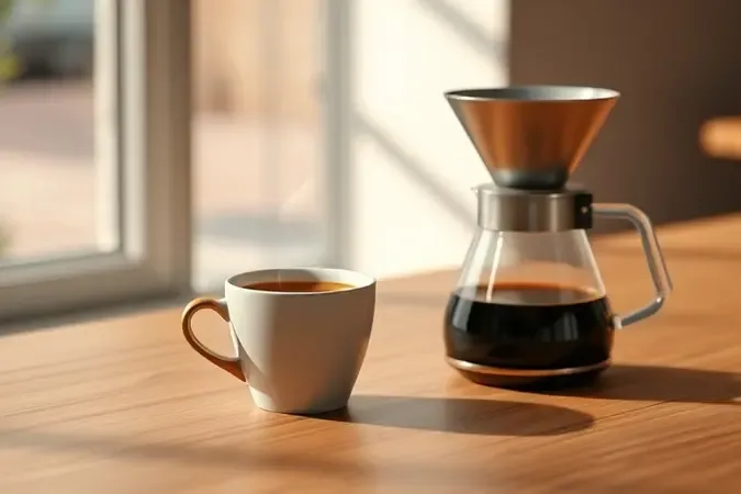 Xícara de espresso e coador de filtro lado a lado em superfície de madeira, comparando métodos de preparo com café torrado.