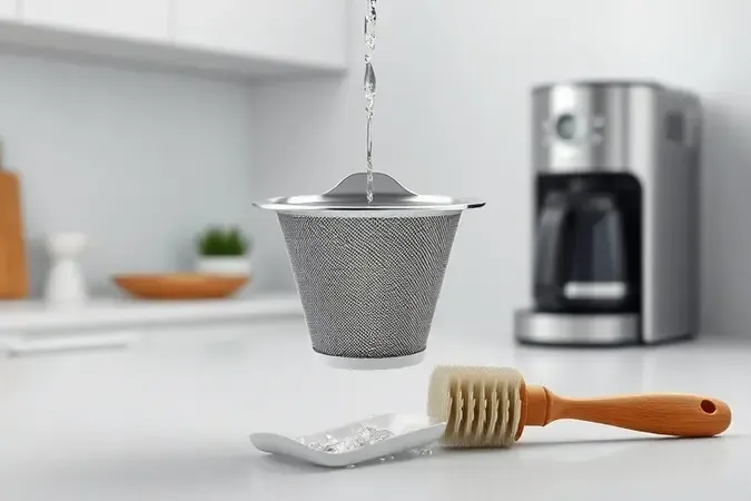 Manutenção do filtro permanente com água corrente para evitar entupimentos na cafeteira
