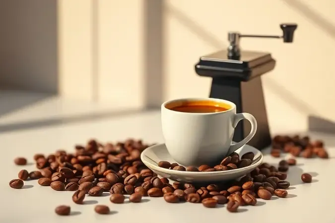 Experiência completa de café especial com xícara, crema e grãos sob luz dourada
