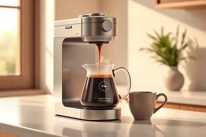 Render 3D conceitual de café fresco sendo coado em jarra de vidro com vapor e xícara sobre bancada iluminada