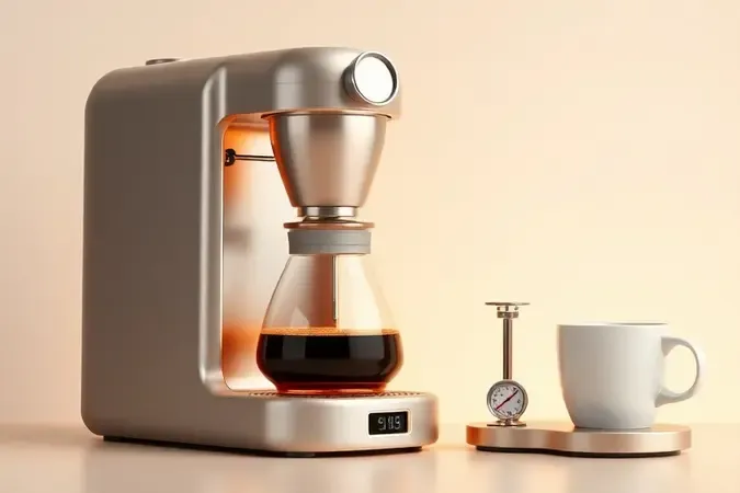 Extração de café com dose, temperatura e xícara em composição 3D minimalista e sofisticada