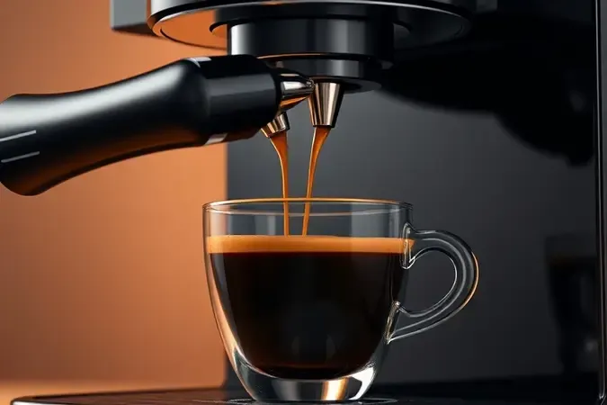 Extração de café expresso com crema em xícara de vidro, render 3D conceitual premium