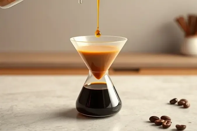 Extração lenta de café em garrafa de vidro com pingo caindo do filtro em cena minimalista