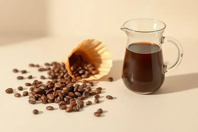 Render 3D conceitual de grãos de café, filtro de papel e café coado em jarra de vidro para melhor extração
