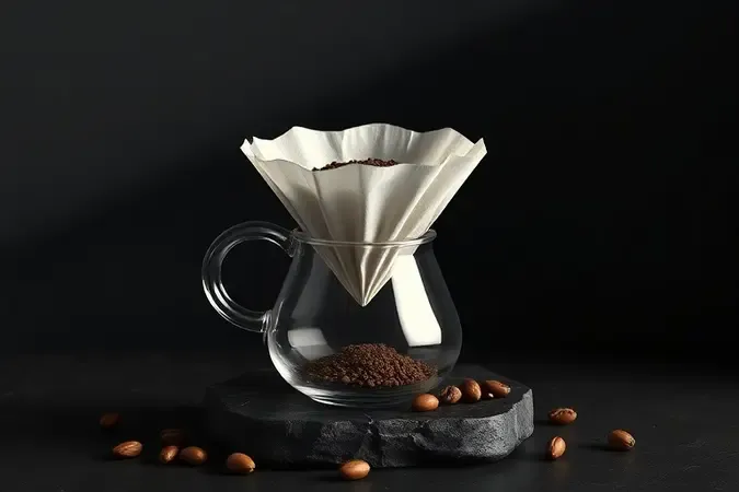 Filtro de papel grosso dentro de cafeteira de vidro com pó de café sobre base de pedra, render conceitual