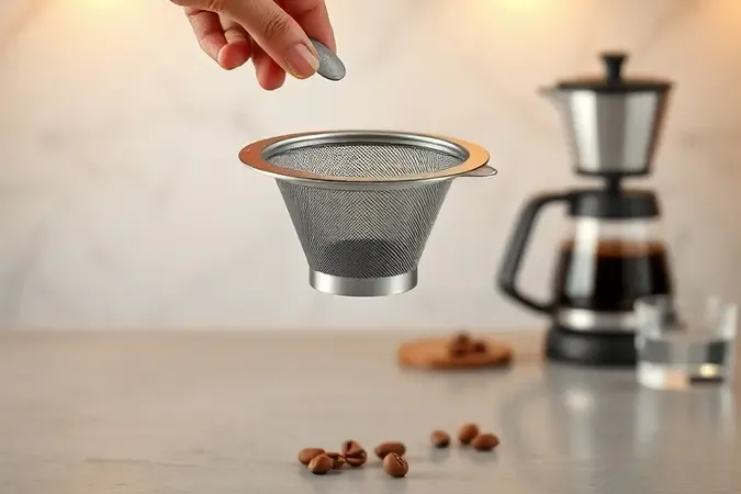 Filtro permanente de inox sobre superfície limpa com cafeteira moderna ao fundo em cena conceitual