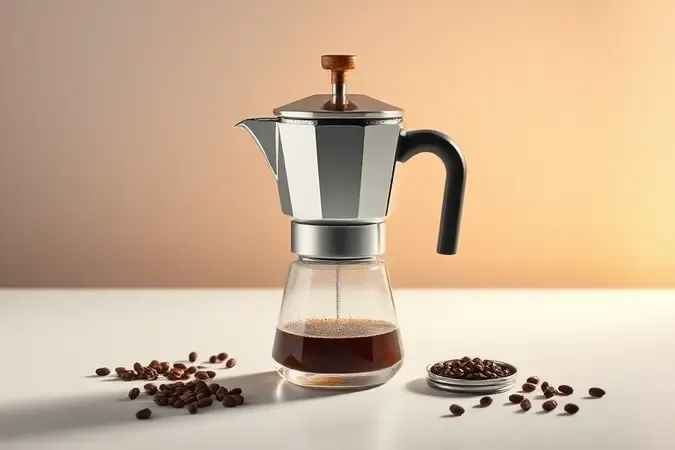 Vista explodida conceitual de cafeteira italiana mostrando câmara de água, filtro com pó de café e café pronto no compartimento superior