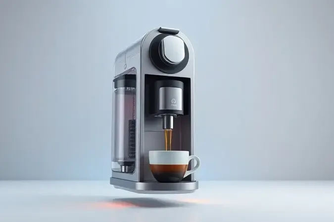 Vista conceitual do funcionamento interno de cafeteira de cápsula com fluxo de café