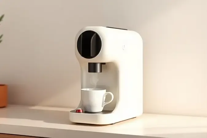 Cafeteira compacta de design minimalista preparando espresso em cena conceitual limpa e moderna