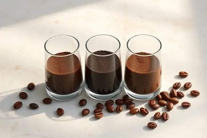 Vasos de vidro com granulometrias de café diferentes, do grosso ao fino, sobre superfície clara com grãos inteiros.