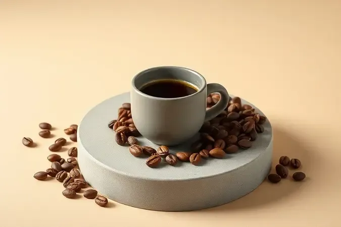 Xícara de café especial sobre plinto de concreto com grãos torrados ao redor em cena minimalista