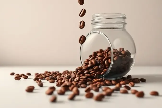 Grãos de café inteiros escorrendo de um pote de vidro moderno sobre superfície clara e limpa