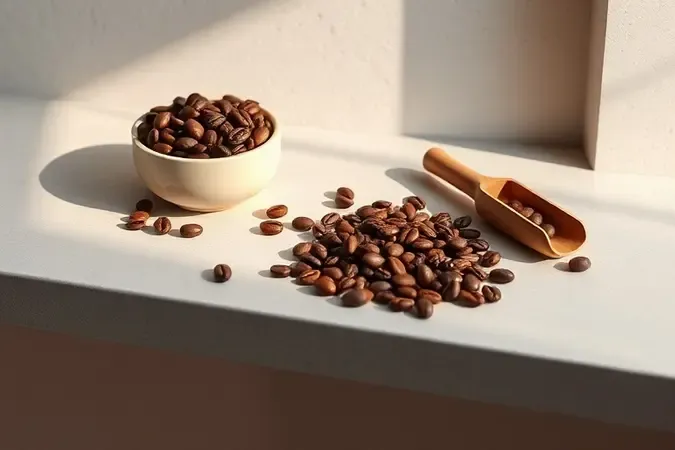 Render conceitual de grãos de café gourmet torrados ao lado de tigela e concha sobre bancada de pedra com iluminação quente