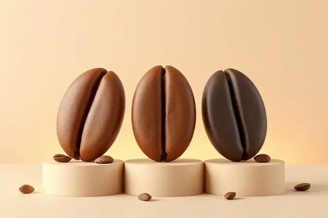 Três grãos de café em níveis de torra clara, média e escura sobre pedestais minimalistas em fundo neutro.