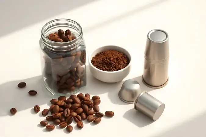 Variedades de café em grãos, moído e cápsulas em arranjo conceitual moderno e limpo