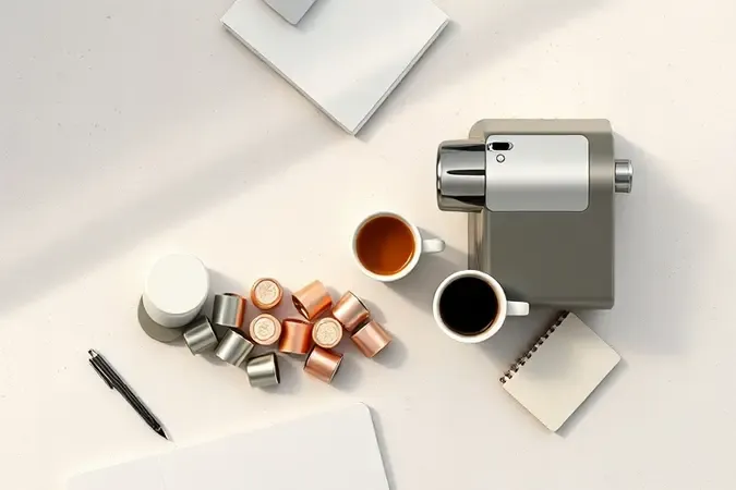 Seleção de cápsulas e cafeteira moderna em composição minimalista para guia de compra