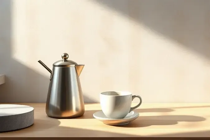 Cena conceitual de preparo de café coado com chaleira bico de ganso minimalista