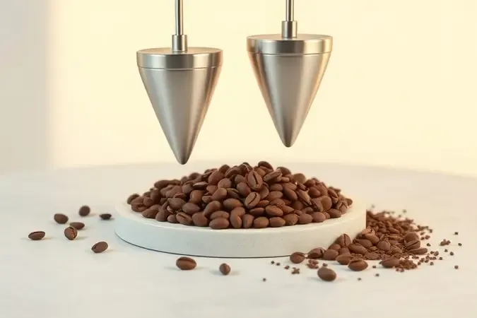 Lâminas cônicas de moedor em aço inoxiável sobre grãos de café torrados em superfície clara e limpa