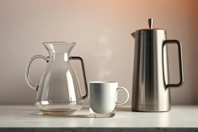Comparação conceitual entre jarra de vidro e jarra térmica para cafeteira elétrica em cena minimalista.