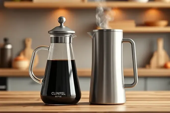 Comparação entre jarra de vidro e jarra térmica em render 3D conceitual, lado a lado sobre superfície de madeira com xícara de café.
