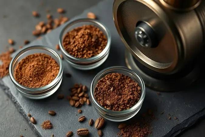 Render conceitual de moagem de café mostrando diferentes tamanhos de partículas em pequenos recipientes de vidro