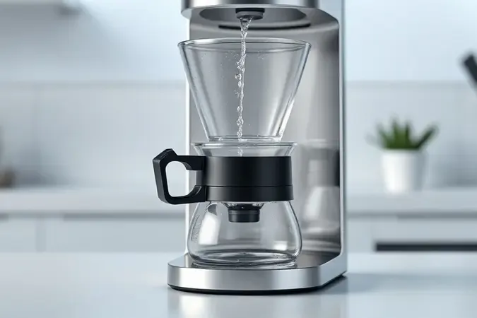 Render conceitual de limpeza de cafeteira elétrica com jato de água e superfícies impecáveis em ambiente moderno