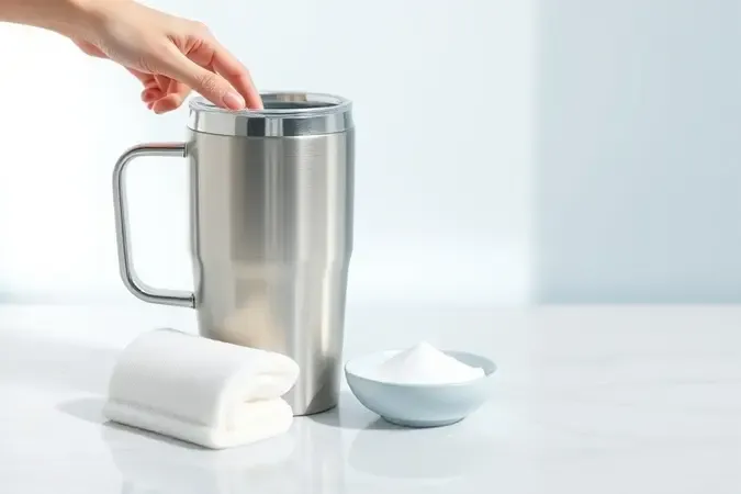 Caneca térmica limpa com esponja e bicarbonato em bancada clara e higienizada