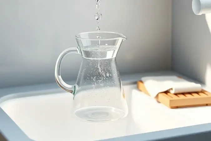 Limpeza e conservação de cafeteira de vidro com água corrente e pano neutro, render 3D conceitual