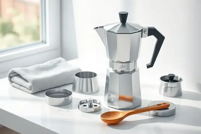 Peças desmontadas de cafeteira italiana limpas sobre superfície clara com pano macio e luz natural suave