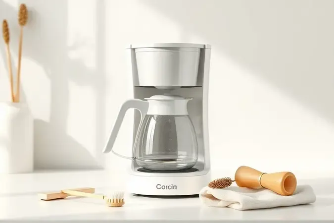 Render 3D conceitual de limpeza de cafeteira com jarra, filtro e pano sobre superfície clara e minimalista