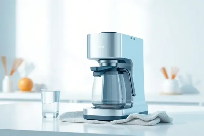 Cafeteira limpa em render 3D conceitual com copo de água e pano na cozinha, atmosfera fresca e superfícies brilhantes destacando a manutenção.