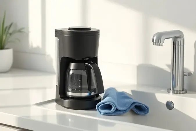 Cafeteira sendo limpa com pano macio e gotas de águas em superfície branca minimalista