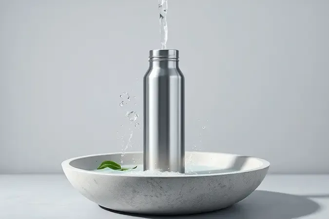 Limpeza conceitual de garrafa térmica com água limpa e espuma suave em render 3D