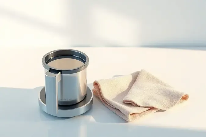 Bandeja e reservatório de água de cafeteira com pano de limpeza em superfície impecável em render conceitual sobre manutenção