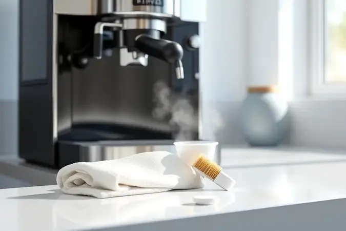 Limpeza de cafeteira espresso com pano de microfibra, escova e detergente sobre bancada clara