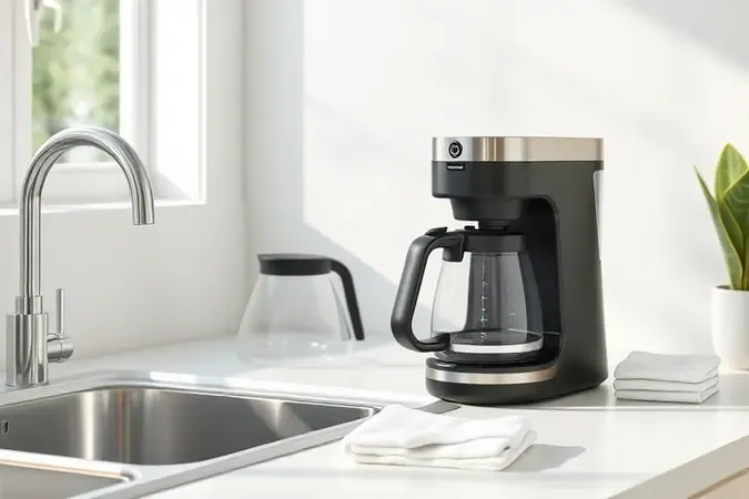 Cena conceitual de limpeza e manutenção de cafeteira programável com jarra de vidro e pano em bancada clara