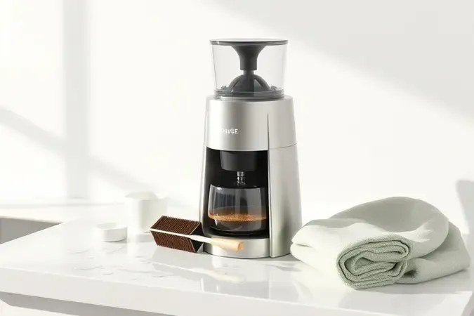 Render de limpeza de moedor de café com escova macia e superfície impecável