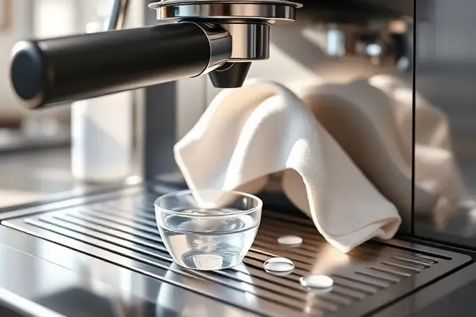 Limpeza do sistema de leite de cafeteira com pano de microfibra e superfície luminosa
