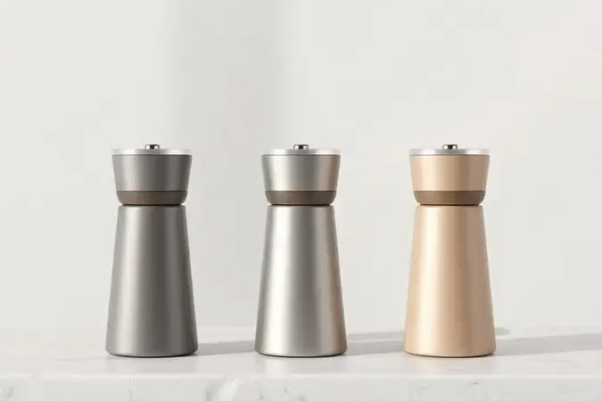 Três moedores de café modernos em linha sobre superfície clara, render 3D conceitual de modelos variados