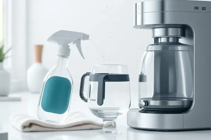 Cena conceitual de limpeza e manutenção de cafeteira elétrica com pano, borrifador e reservatório transparente