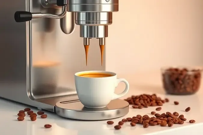 Render 3D conceitual de máquina de espresso automática sem marca servindo café com crema dourada em xícara de cerâmica