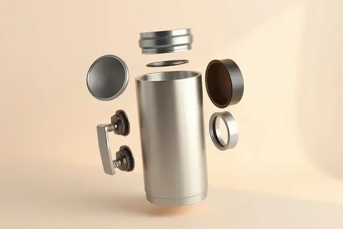 Comparativo conceitual do copo térmico em inox e plástico com vista explodida