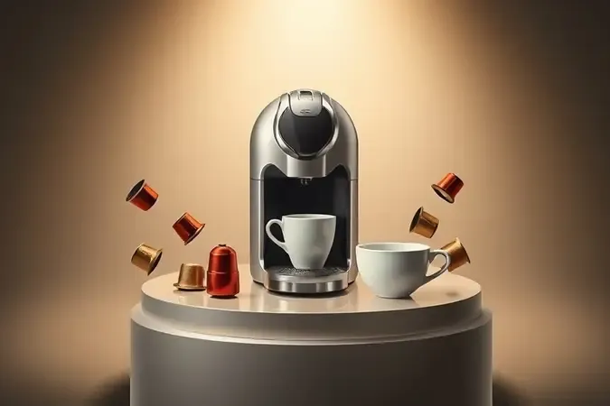 Cafeteira de cápsulas premium em cenário futurista elegante com iluminação de estúdio suave