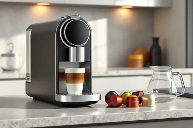 Cafeteira de cápsulas sobre bancada de pedra com cápsulas organizadas e jarra de vidro, cena clean e sofisticada de avaliação