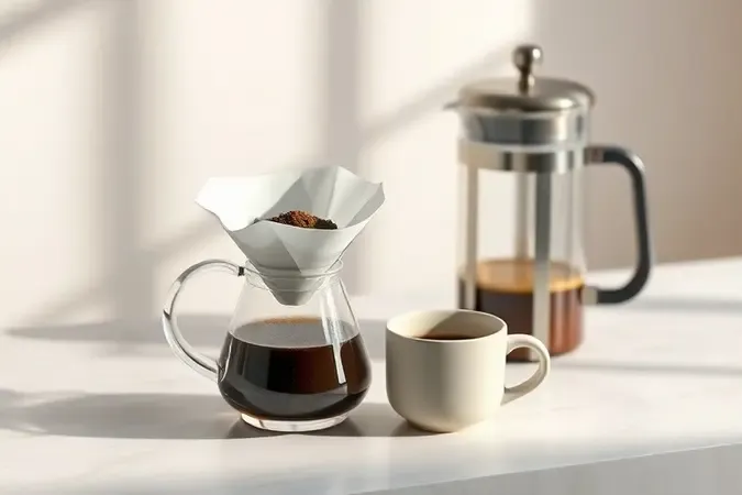 Métodos de preparo de café em pó em cena conceitual minimalista com coador e presa francesa