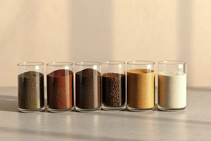 Diferentes moagens de café para coado exibidas em frascos de vidro sobre superfície de pedra em cena conceitual.